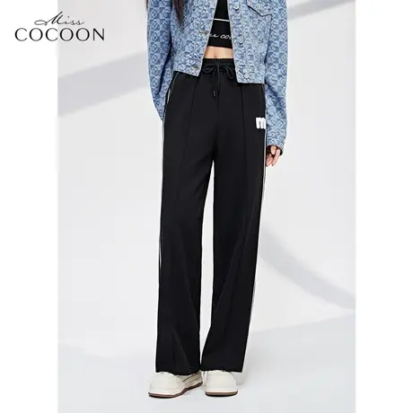 missCOCOON黑色运动卫裤女2023新款春季高腰简约百搭垂感直筒裤子图片