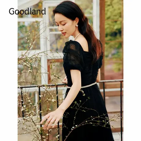 Goodland美地夏季法式优雅蕾丝小黑裙收腰气质连衣裙图片