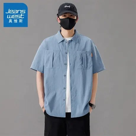 N5真维斯男士短袖衬衫2025夏季新款翻领工装男生休闲宽松百搭衬衣图片