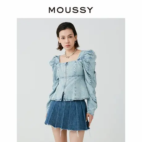 MOUSSY 新品甜美复古做旧方领泡泡袖牛仔时尚衬衫女010HS711-0010图片