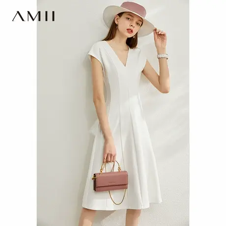 Amii气质连衣裙2025年夏新款V领收腰白色裙小腰精A字裙无袖裙子女图片