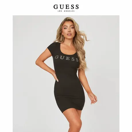 GUESS女士U形领简约字母LOGO显瘦短袖连衣裙-Q1GK06RA8H0图片