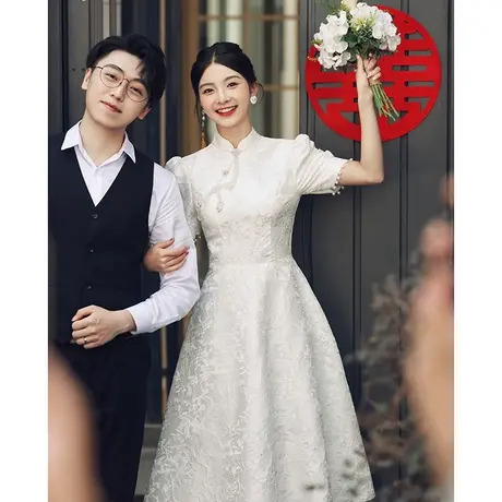 领证登记小白裙订婚礼服连衣裙女夏季中式改良旗袍高级感气质白色图片
