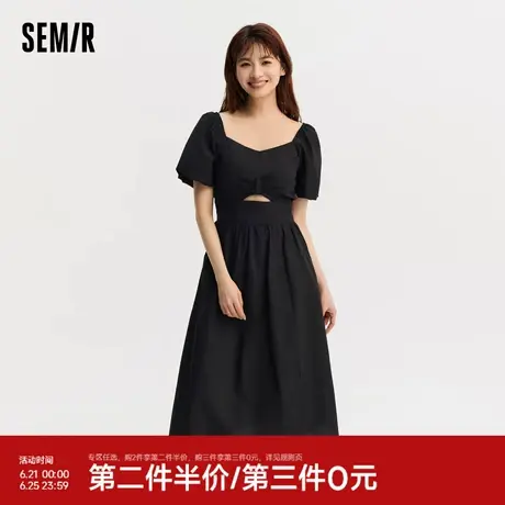 森马连衣裙女纯色泡泡袖开叉优雅显腿长甜美夏法式收腰小黑裙温柔图片