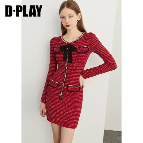 DPLAY【黑标】秋装新车厘子红蝴蝶结花瓣扣针织连衣裙敬酒服图片