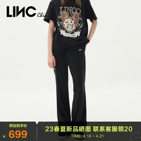 LINC金羽杰2023夏秋季新款弹力松紧腰头休闲宽腿长裤女S232KP126Y图片
