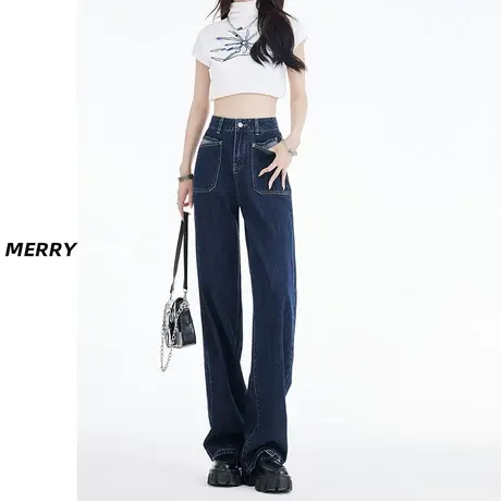 蓝灰色直筒牛仔裤女2023年秋季新款设计感小众窄版修身显瘦阔腿裤图片