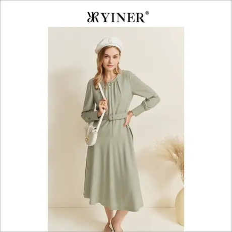 YINER音儿女装冬季法式拉链收腰系带含绵羊毛连衣裙图片