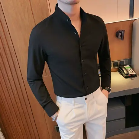 2023春秋新款英伦男士痞帅修身衬衣潮男纯色小众设计款长袖衬衫图片