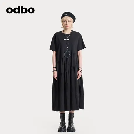 odbo/欧迪比欧中长款连衣裙女25春夏新款设计感拼接褶皱宽松T恤裙图片