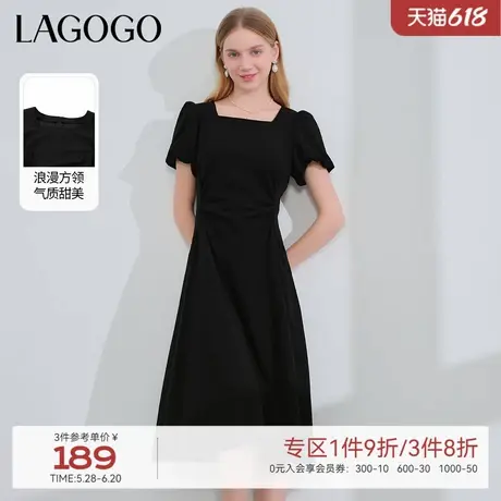 LAGOGO法式方领收腰连衣裙女拉谷谷夏季新款黑色泡泡袖高级感裙子图片