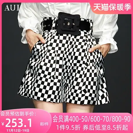 AUI格子设计感小众阔腿短裤女2023夏季新款宽松休闲洋气炸街裤子图片