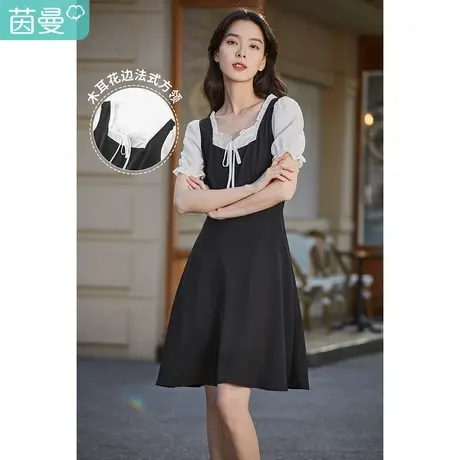 茵曼法式花边方领连衣裙女士夏季2023新款花苞袖显瘦假两件伞裙子图片