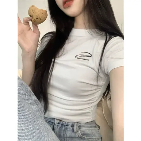 美式正肩短袖t恤女夏季2024新款设计感小众短款chic港味辣妹上衣图片