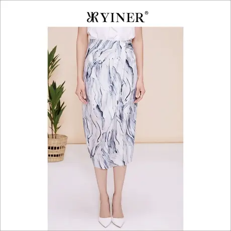 YINER音儿女装夏季法式优雅通勤桑蚕丝开衩水墨印花半身裙图片
