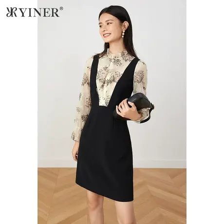 YINER音儿女装2021秋季新款拼接网纱刺绣连衣裙图片