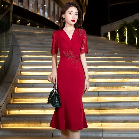 晚礼服女2024新款高级鱼尾宴会酒红色婚宴妈妈婆婆连衣裙平时可穿图片