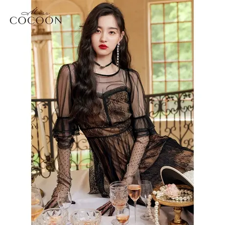 missCOCOON法式黑色网纱连衣裙女夏2022新款设计感吊带裙子两件套图片