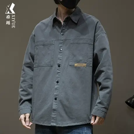 潮流ins长袖衬衫男翻领2023秋冬季新款宽松大码加绒加厚衬衣外套商品大图