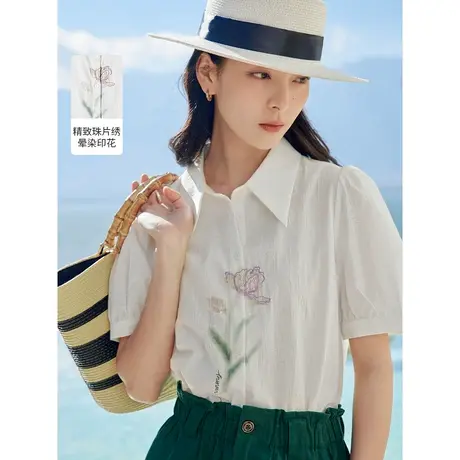 茵曼2023夏季女装时尚田园绣花宽松显瘦纯棉舒适翻领短袖衬衫衬衣图片