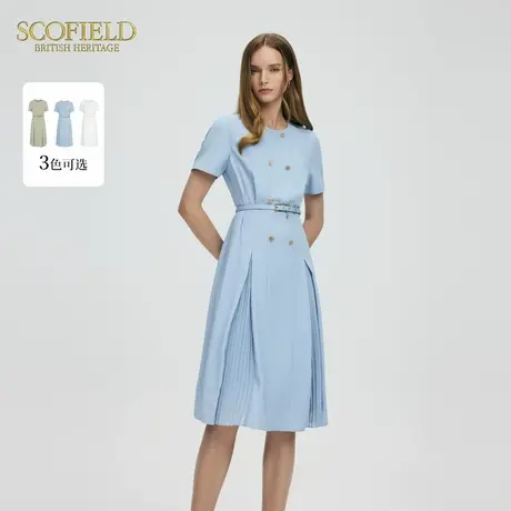 Scofield女装收腰褶边连衣裙双排扣气质圆领工装裙夏季新品商品大图