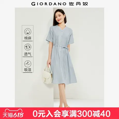 佐丹奴亚麻裙子女夏季棉麻薄款绑带V领短袖压褶连衣裙女05464324图片