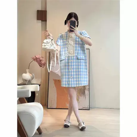 爵莱菲大码高级感蓝色格纹连衣裙女2025夏季新款小众减龄宽松遮肉图片