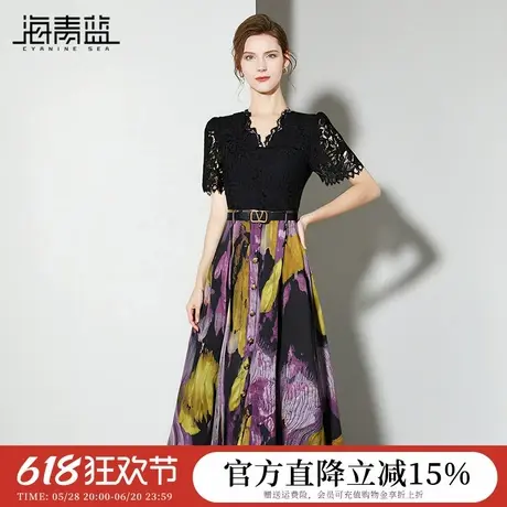 海青蓝 连衣裙夏女2025新款短袖蕾丝拼接女装高级女士中长款裙子图片
