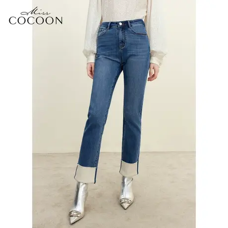 MISSCOCOON百搭高腰直筒裤2023冬季新女时尚脚口宽折边毛边牛仔裤图片
