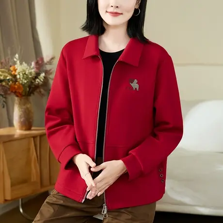 翻领短外套女春秋2024年新款时尚宽松拉链卫衣开衫中年妈妈夹克衫图片
