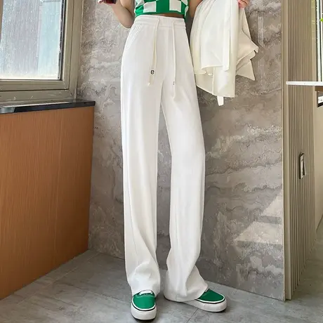 白色休闲运动裤女长裤2022春夏新款高腰显瘦阔腿裤垂感休闲拖地裤图片