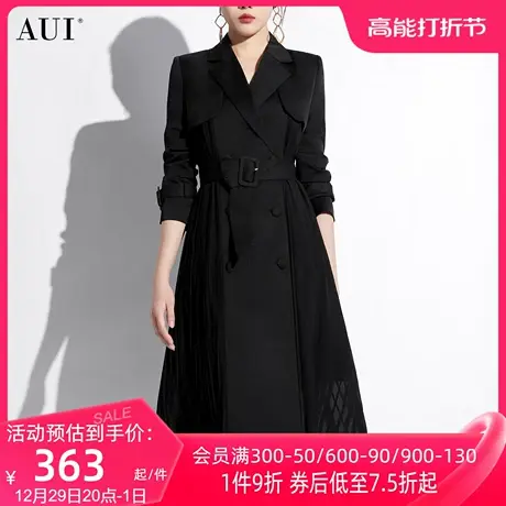 AUI欧美风黑色过膝长款风衣外套女2024秋冬新款御姐气质收腰大衣图片