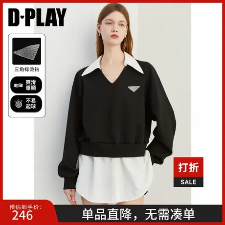 DPLAY2025春季气质新款黑色卫衣女撞色假两件宽松流行上衣长袖图片