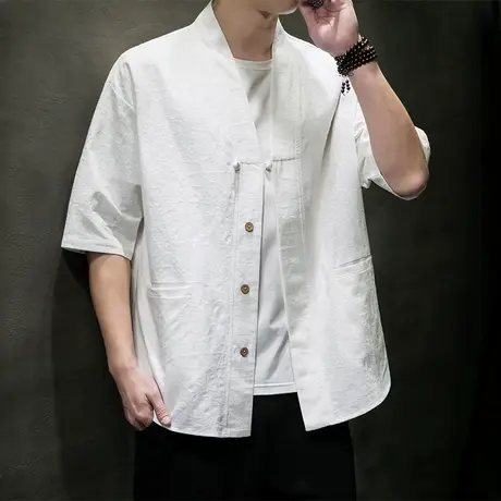 2025夏季新款男短袖衬衫中国风提花棉麻半截袖上衣休闲复古男装潮图片