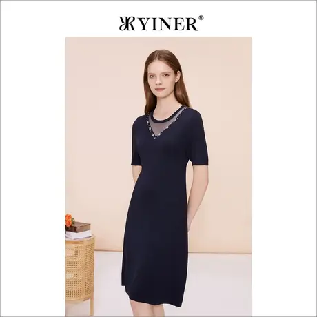 YINER音儿专选女装夏季时尚钉钻设计感圆领h型连衣裙图片