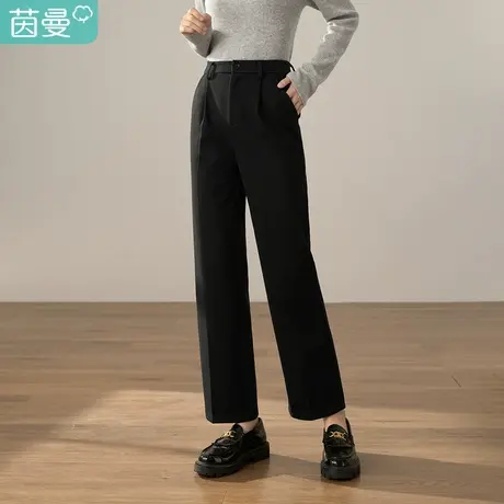 【商场同款】茵曼冬女装新款简约针织呢暗格纹百搭宽松直筒裤图片