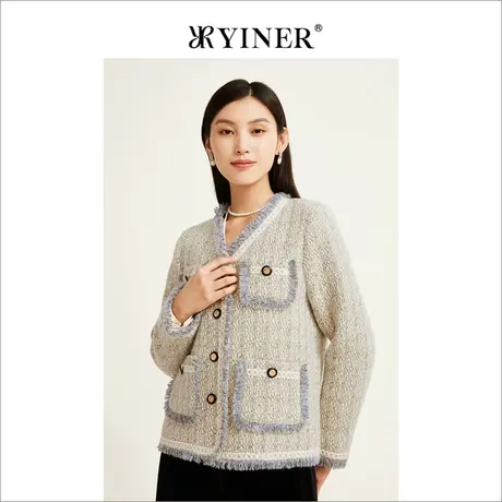 【小香风】YINER音儿专柜女装2022冬季新款亮丝小香风轻薄羽绒服图片