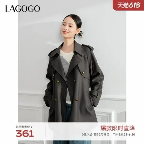 LAGOGO深灰色高级感风衣女拉谷谷2024年冬季新款西装领系带外套图片