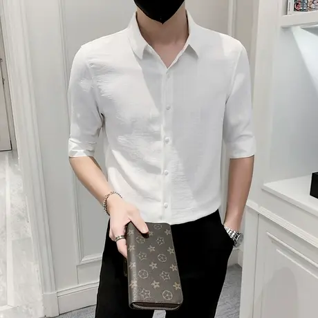 高端白衬衫男士春夏季七分中袖条纹衬衣潮流时尚商务休闲短袖寸衫图片