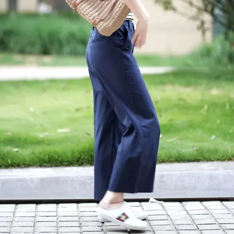 藏青色天丝裤子女夏季薄款2023新款女装小个子冰丝阔腿裤女九分裤图片