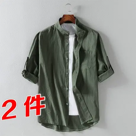 日系复古亚麻衬衫男士短袖夏季中国风宽松七分袖胖子加肥大码衬衣图片