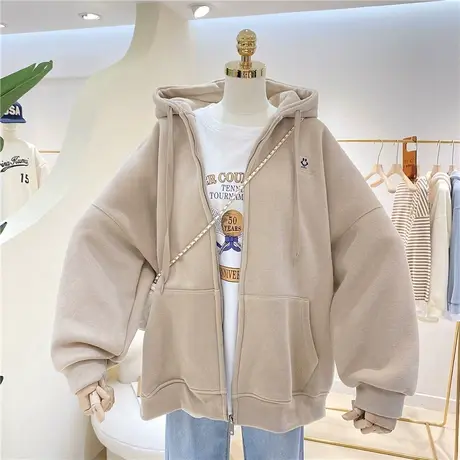 卫衣女加绒加厚2021秋冬新款纯色百搭慵懒风宽松刺绣拉链开衫外套图片