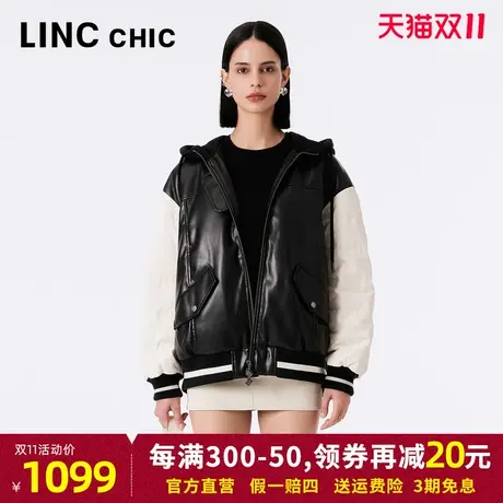 LINCCHIC金羽杰羽绒服女2023秋冬新款潮酷皮质拼接夹克Y23802019图片