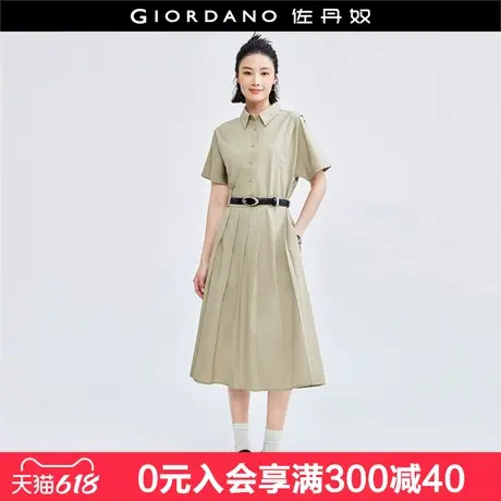 佐丹奴压褶连衣裙女新款通勤假两件拼接收腰百褶衬衫裙女18464624图片