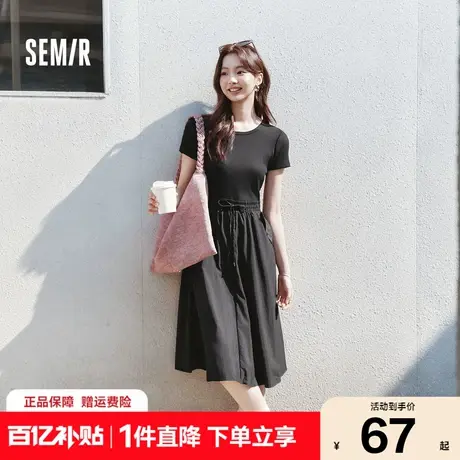 森马连衣裙女拼接修身收腰气质简约夏季休闲假两件圆领中长裙百搭图片