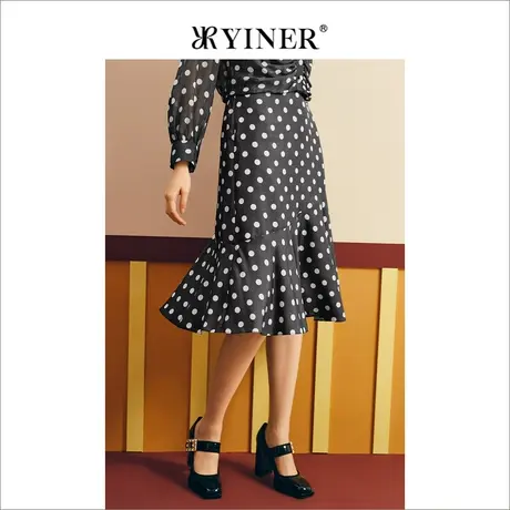 【1996系列】YINER音儿女装夏季黑白波点桑蚕丝荷叶花边半身裙图片