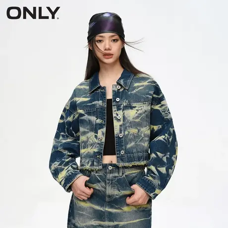 ONLY奥莱夏季潮酷做旧晕染毛边翻领短款牛仔外套女图片