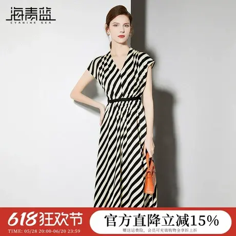 海青蓝 连衣裙夏女2025新款女装高级时尚气质v领条纹中长款裙子图片