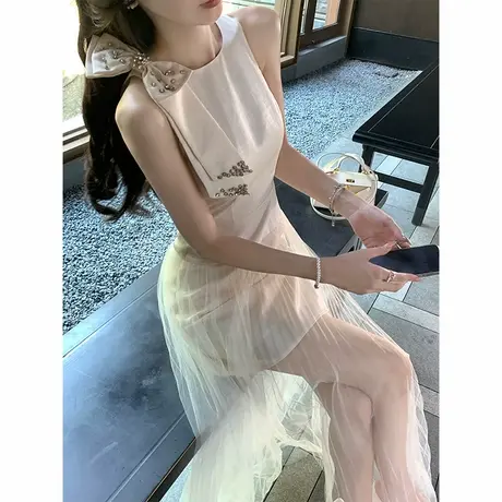 韩语琳 7/08 名媛气质韩系蝴蝶结无袖网纱拼接连衣裙小众设计长裙图片