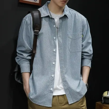 条纹牛仔衬衫男长袖春秋款休闲2024新款上衣蓝色百搭衬衣外套男士图片